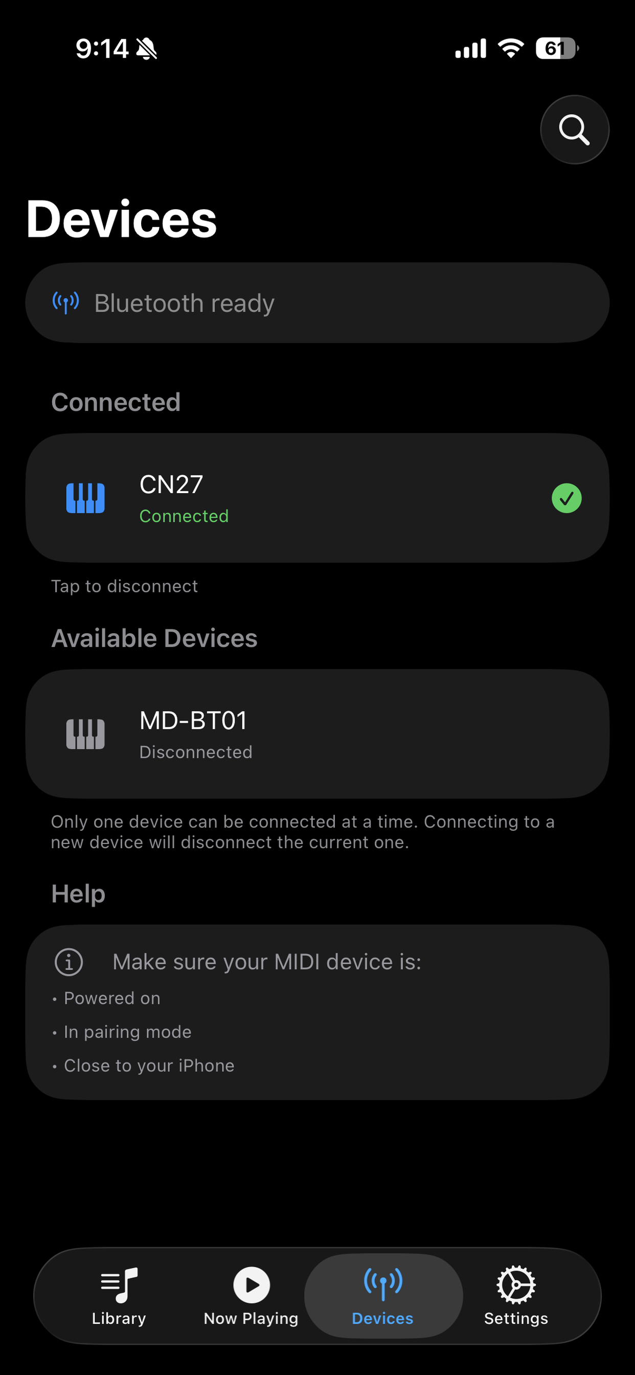 Pianola USB and Bluetooth MIDI devices screen