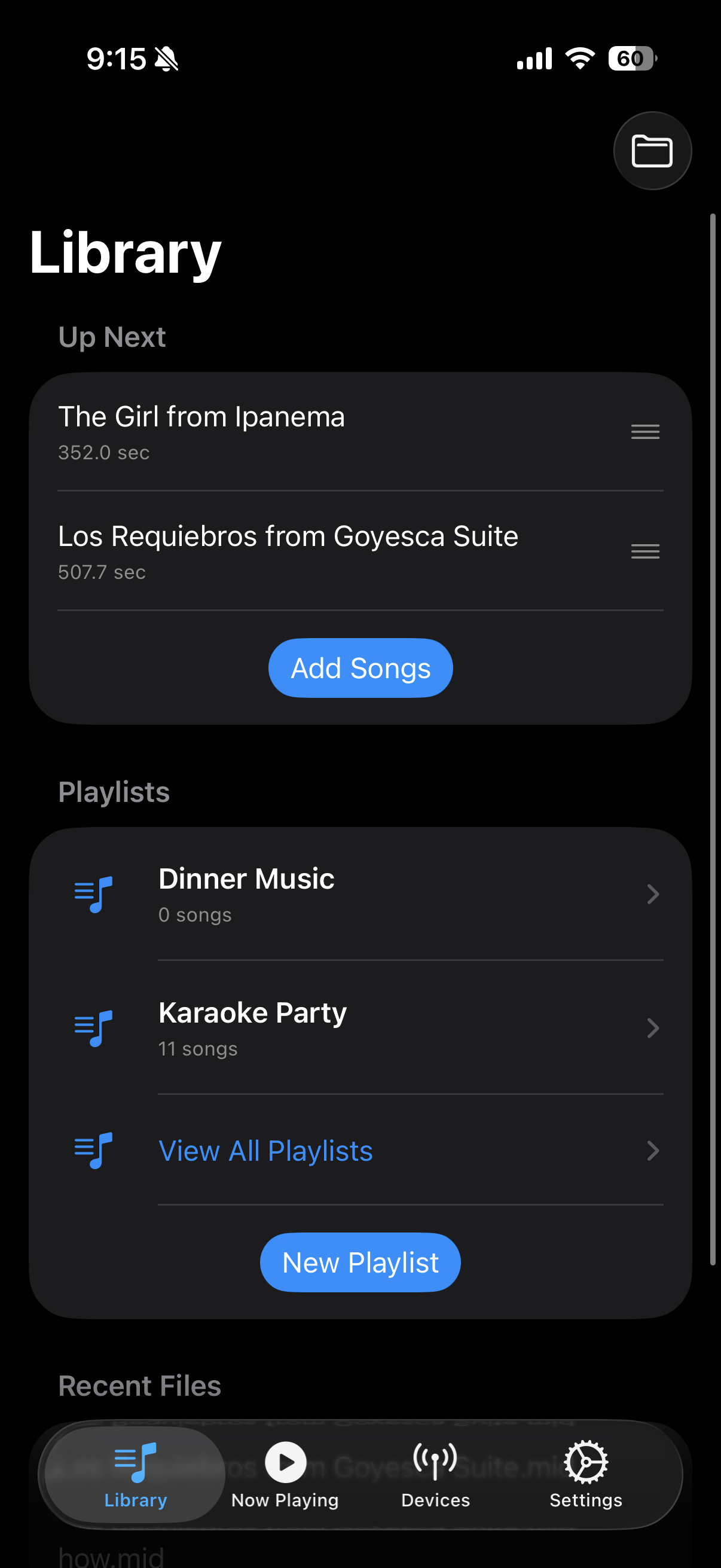 Pianola library and playlists screen