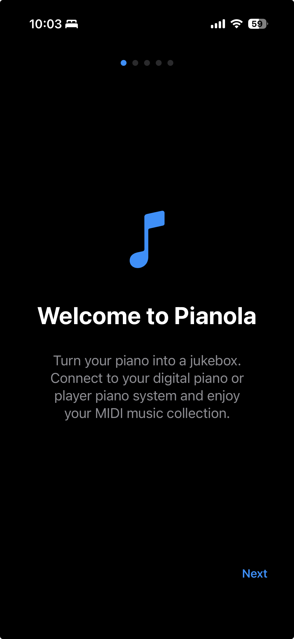 Pianola onboarding welcome screen