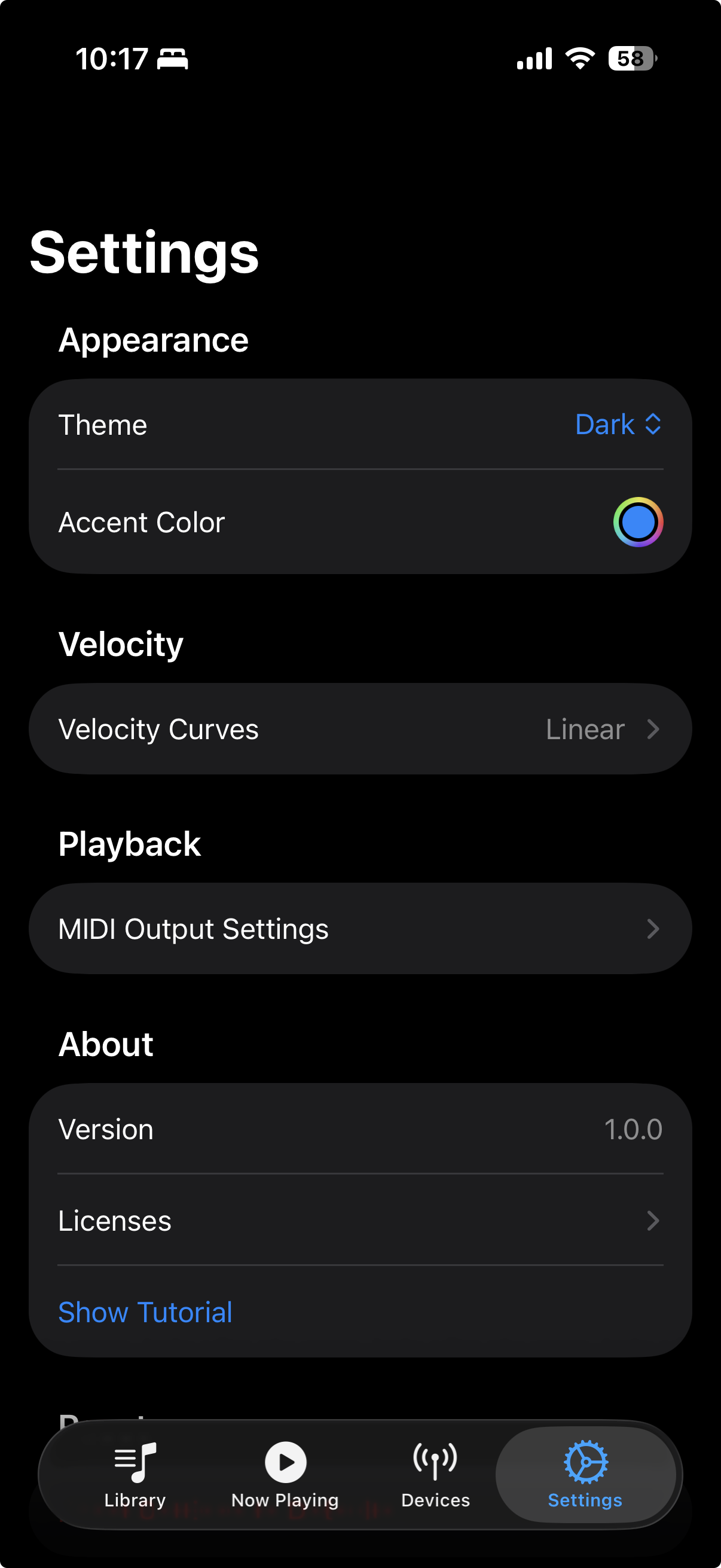 Pianola settings screen